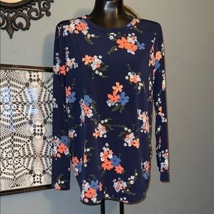 Women's Navy Floral Long-Sleeve Top - Navy with Coral & Blue Flowers